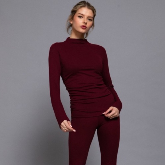 875 • Burgundy Mock Neck Ruched Long Sleeve High Waist Pocket Pants 2 Piece Set - Picture 9 of 9